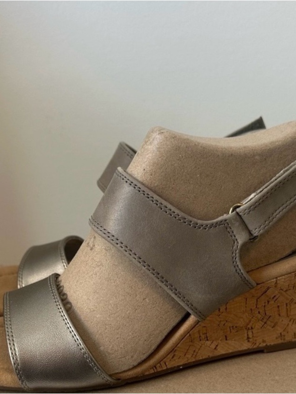 Clarks Metallic Olive Green Wedge Sandals with Cork Heel